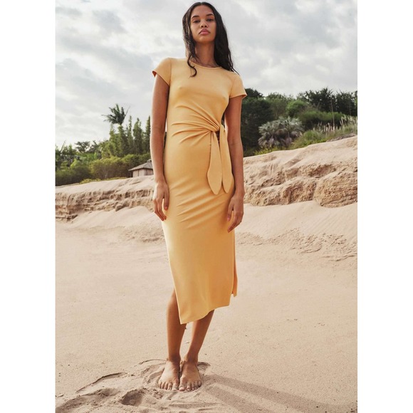 Wilfred Dresses & Skirts - Wilfred Aritzia Fortune Side Tie Midi Dress Apricot Yellow Short Sleeve Slit Med